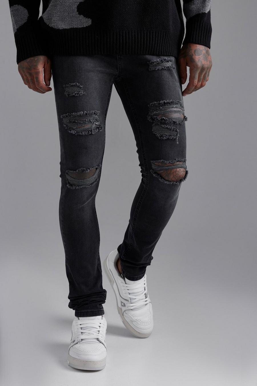 Washed black Super Skinny Stacked Jeans With Rips image number 1