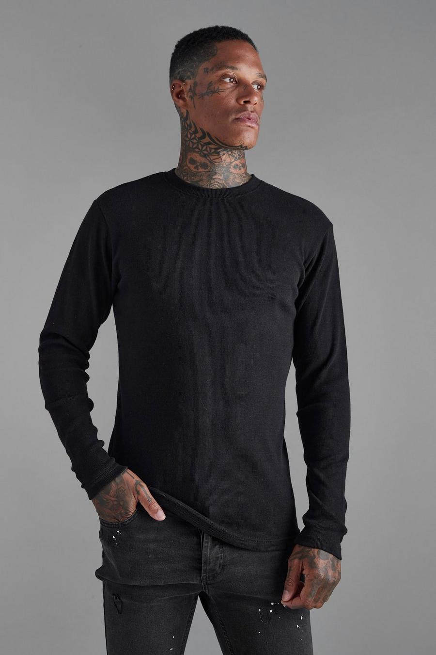 Black Long Sleeve Muscle Fit Ribbed T-shirt image number 1