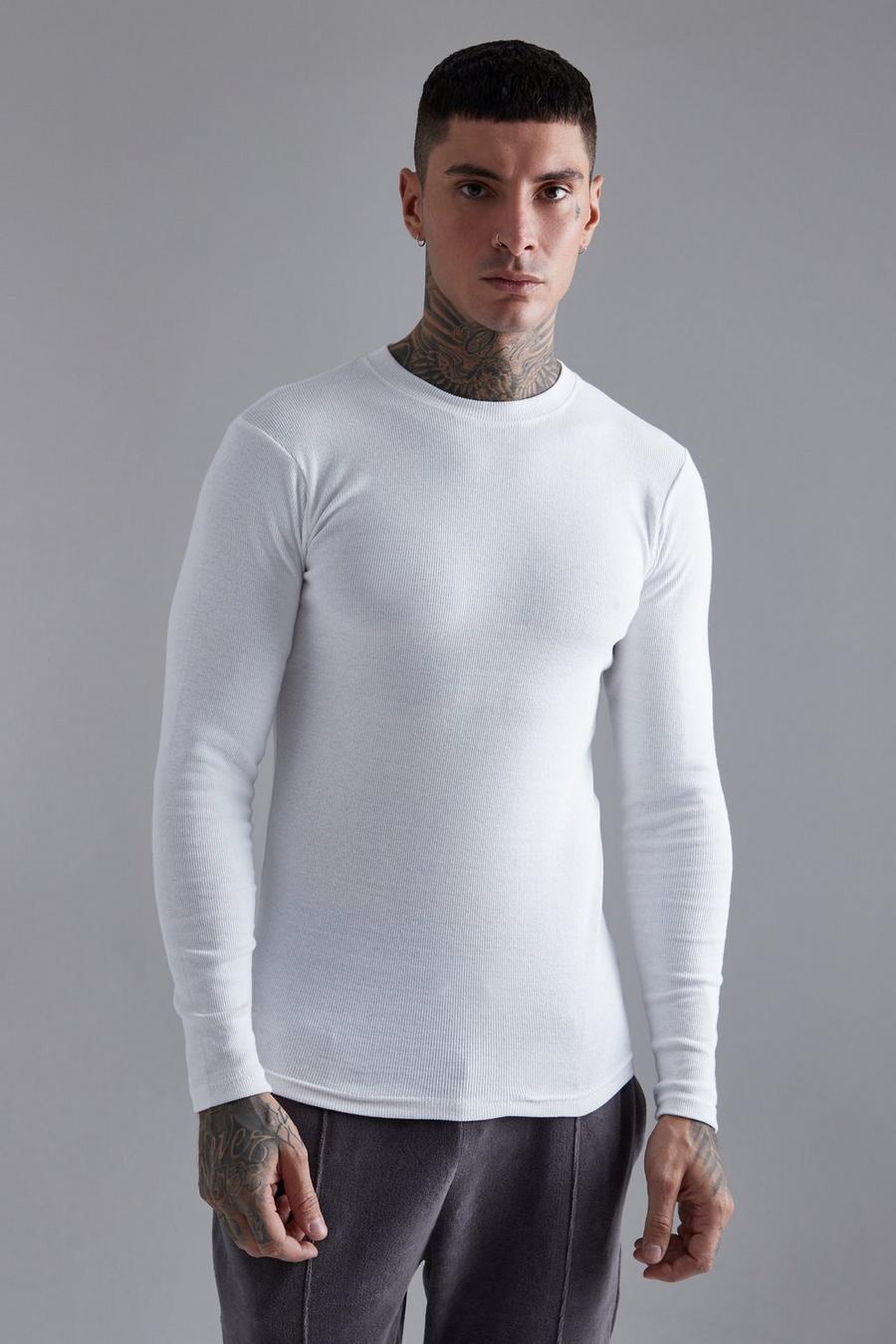 White Long Sleeve Muscle Fit Ribbed T-shirt image number 1