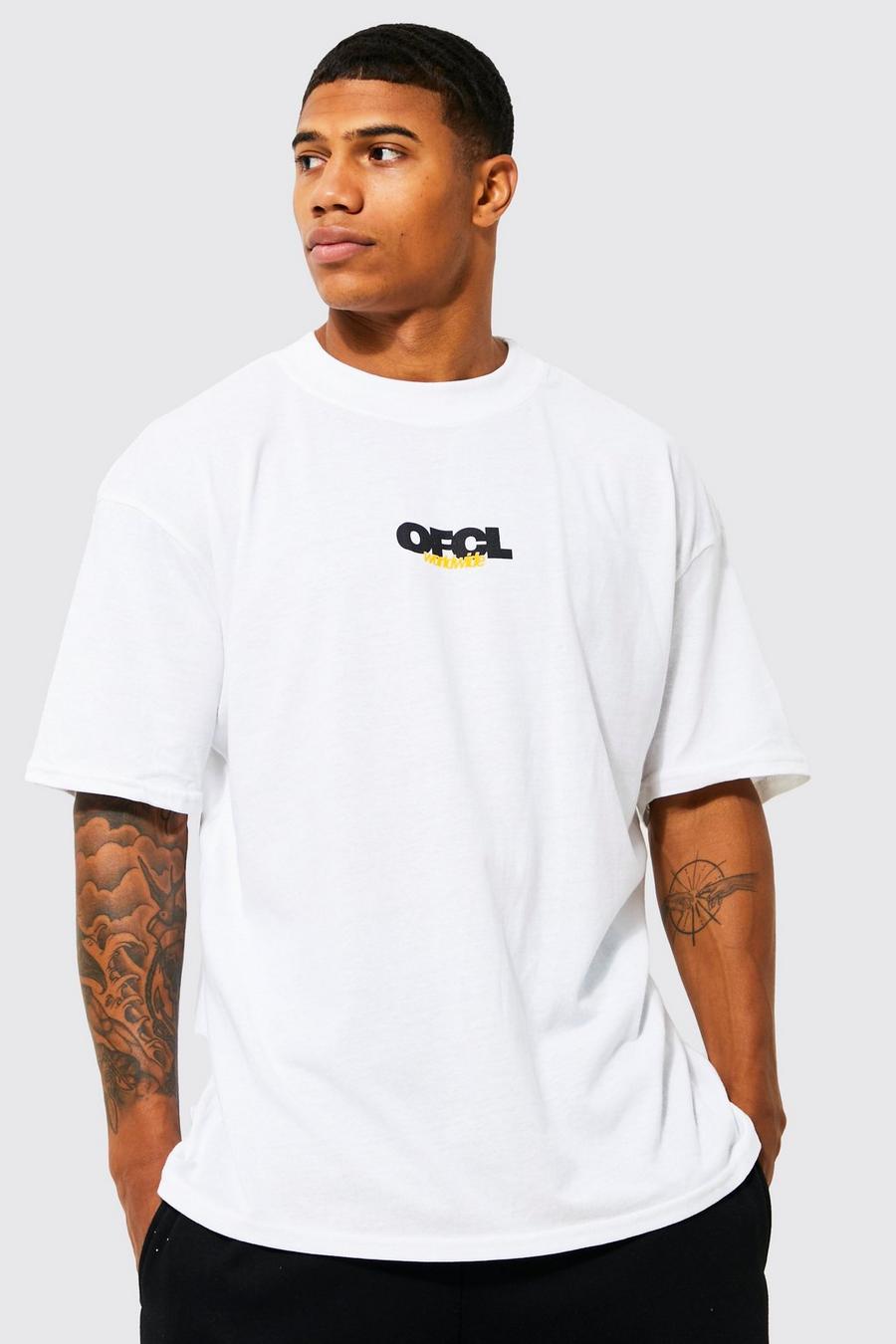 T-shirt oversize Ofcl con girocollo esteso, White blanco