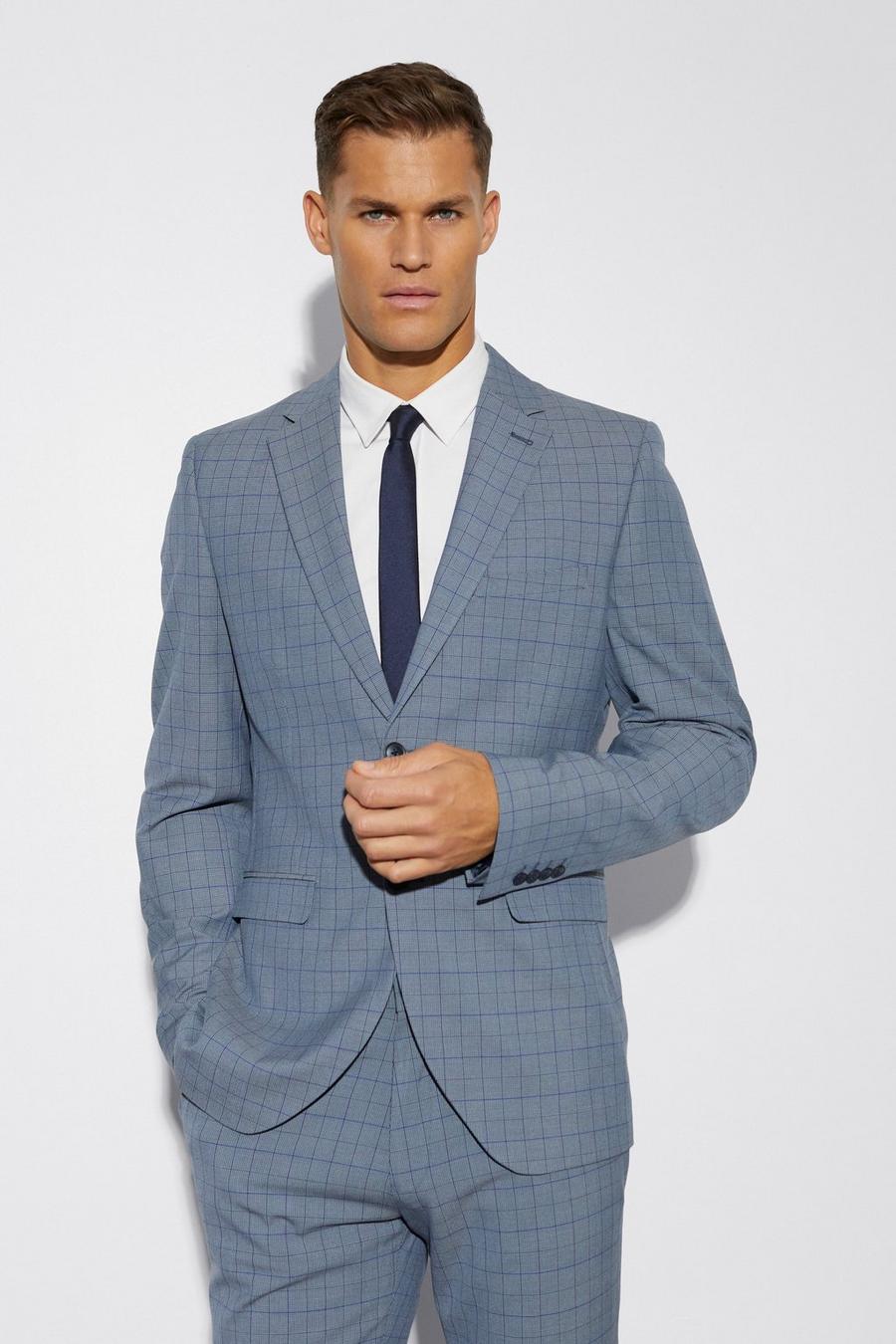 Blue Tall Slim Single Breast Check Suit Jacket image number 1