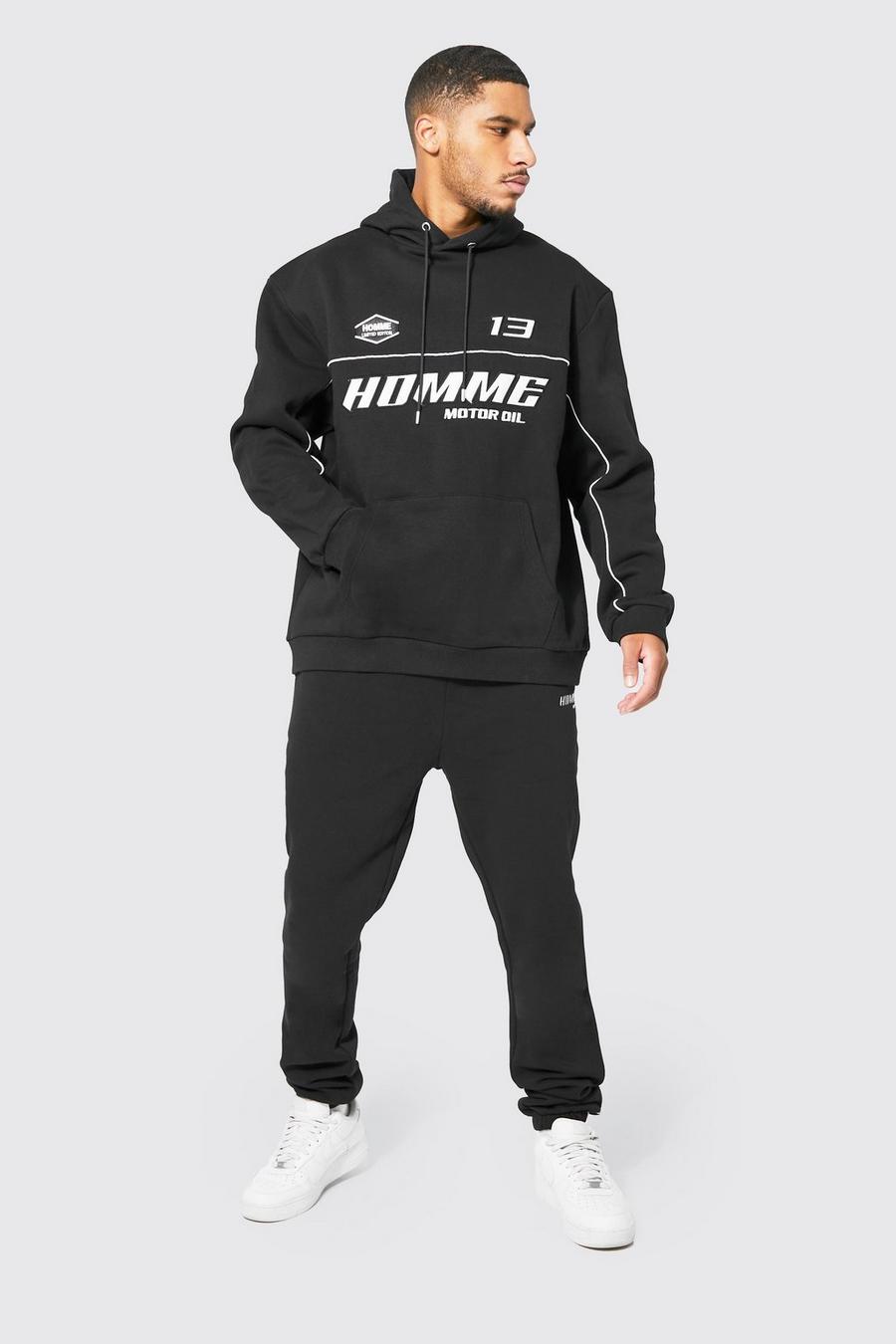 שחור חליפת טרנינג אוברסייז עם אפליקציה בסגנון ספורט מוטורי, לגברים גבוהים image number 1