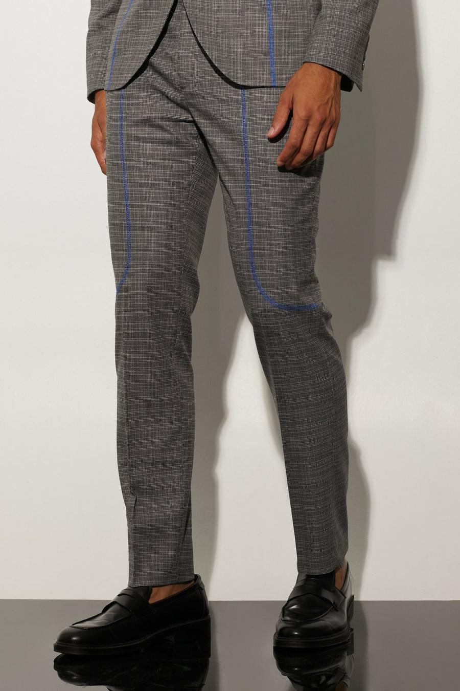 Black Slim Fit Check Contrast Stitch Suit Trousers image number 1