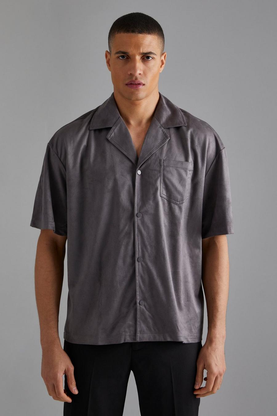 Charcoal Faux Suede Boxy Revere Shirt  image number 1