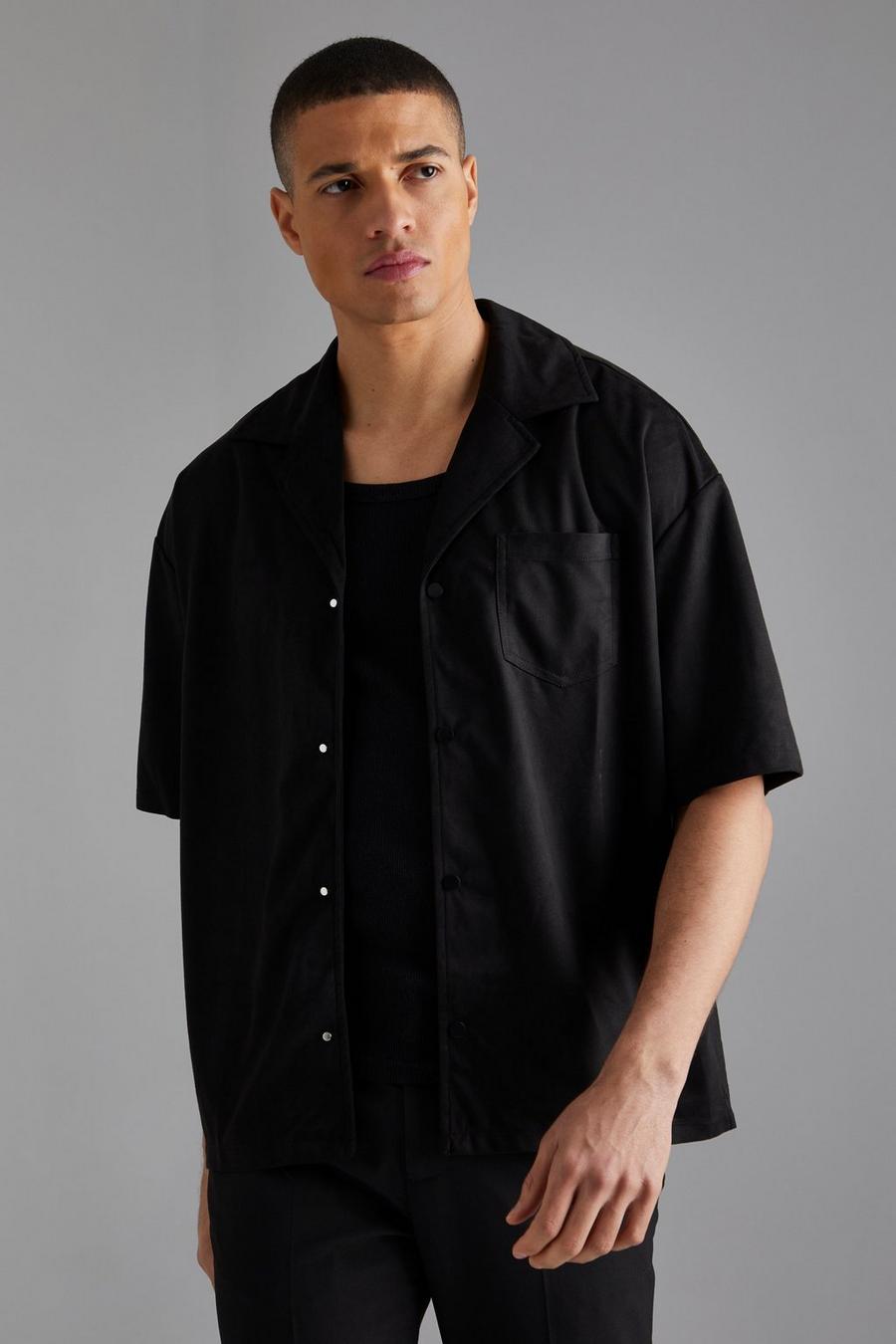 Black Faux Suede Boxy Revere Shirt image number 1