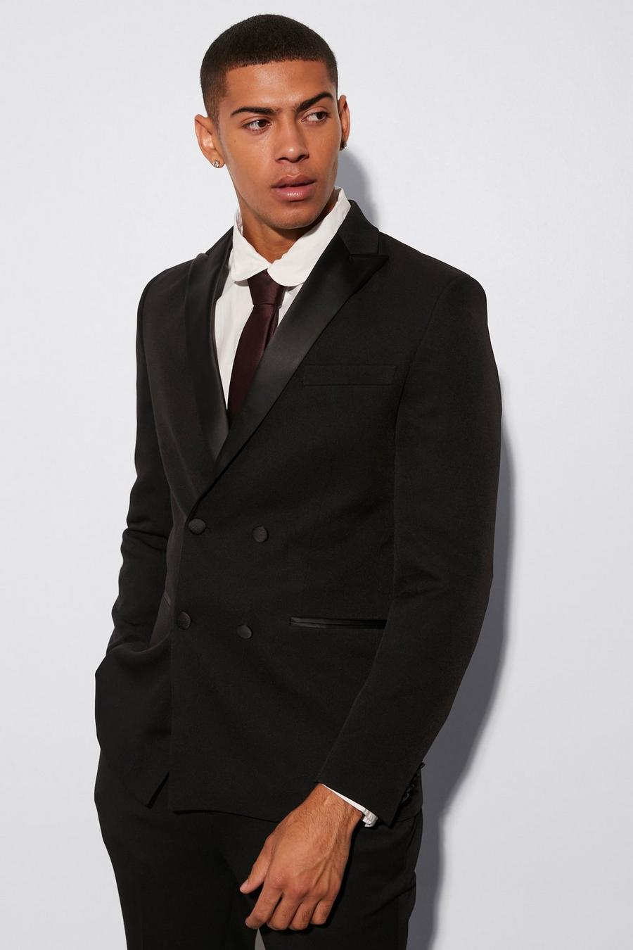 Chaqueta de traje ajustada estilo esmoquin con botonadura doble, Black image number 1
