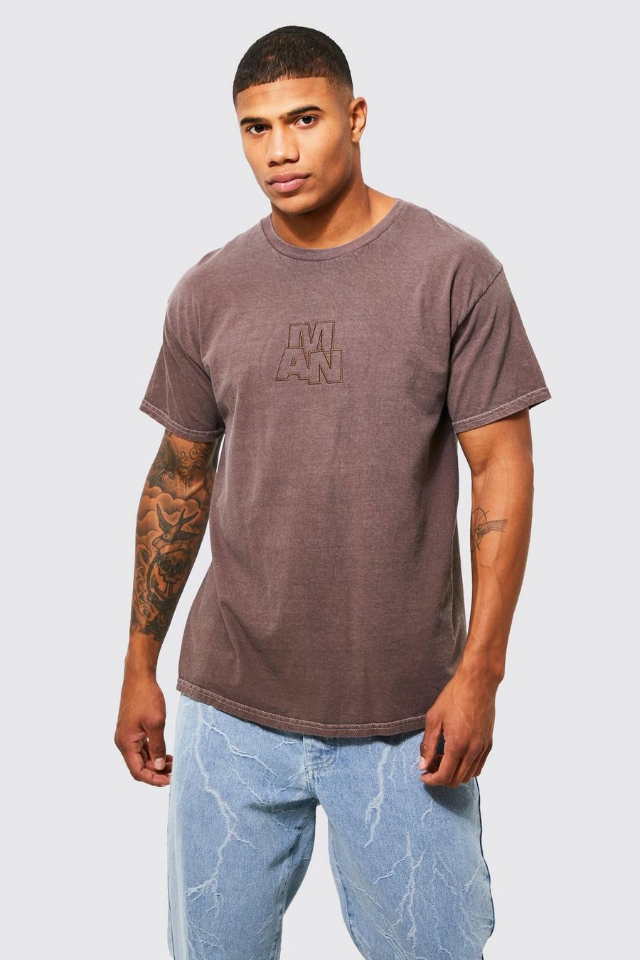 Chocolate marrón Washed Embroidered Branded T-shirt
