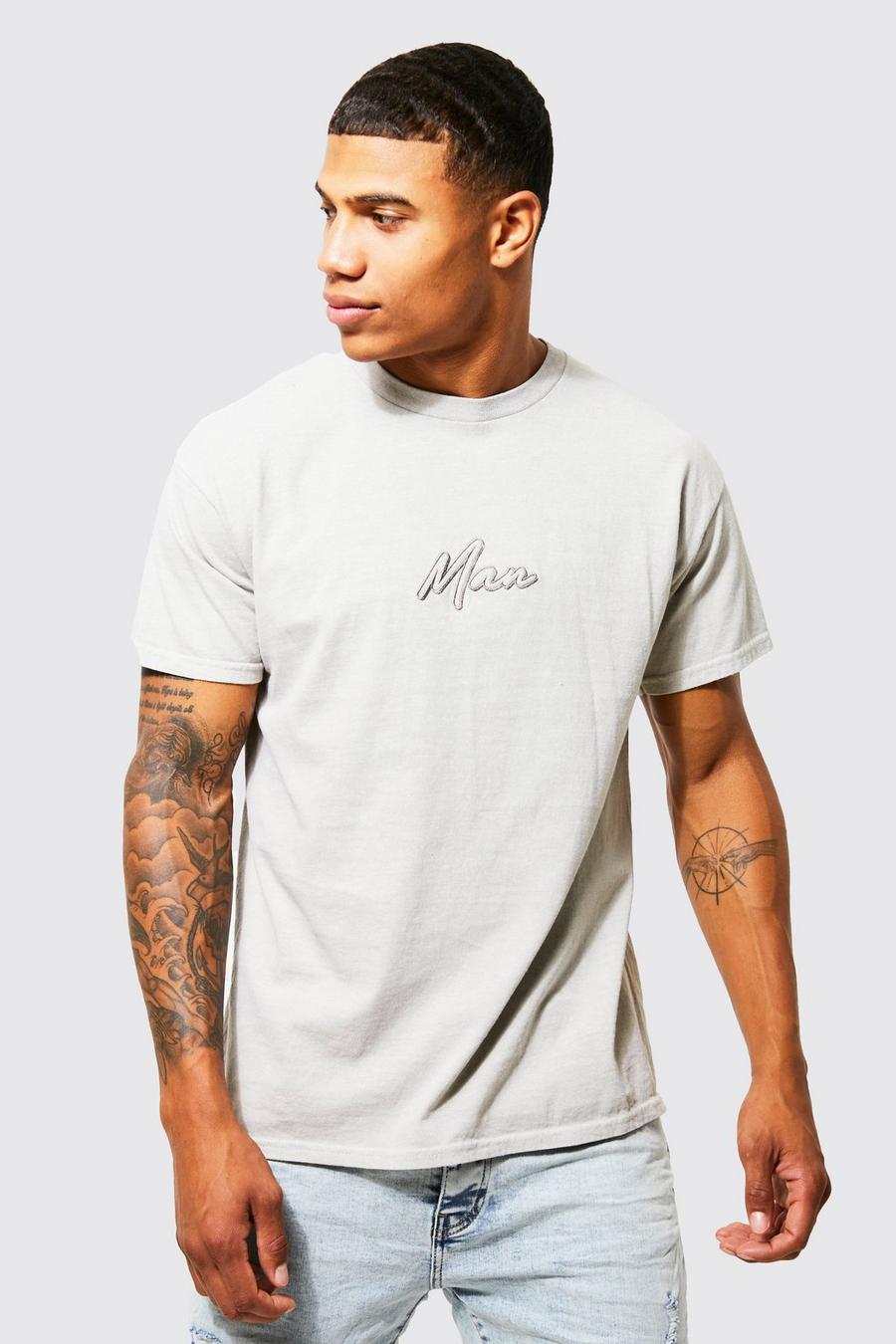 Sage green Man Washed Embroidered T-shirt