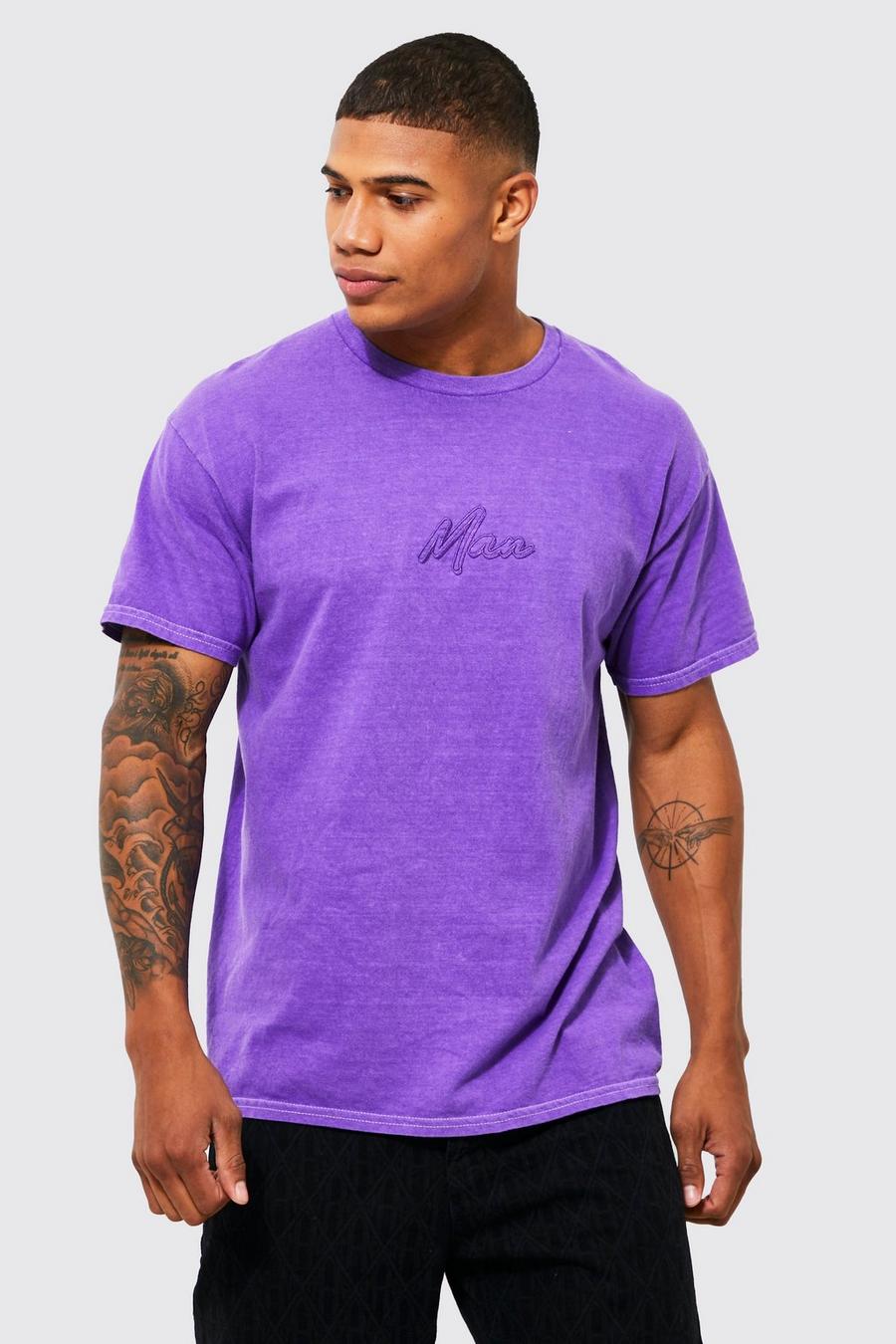 Purple Washed Embroidered Branded T-shirt image number 1