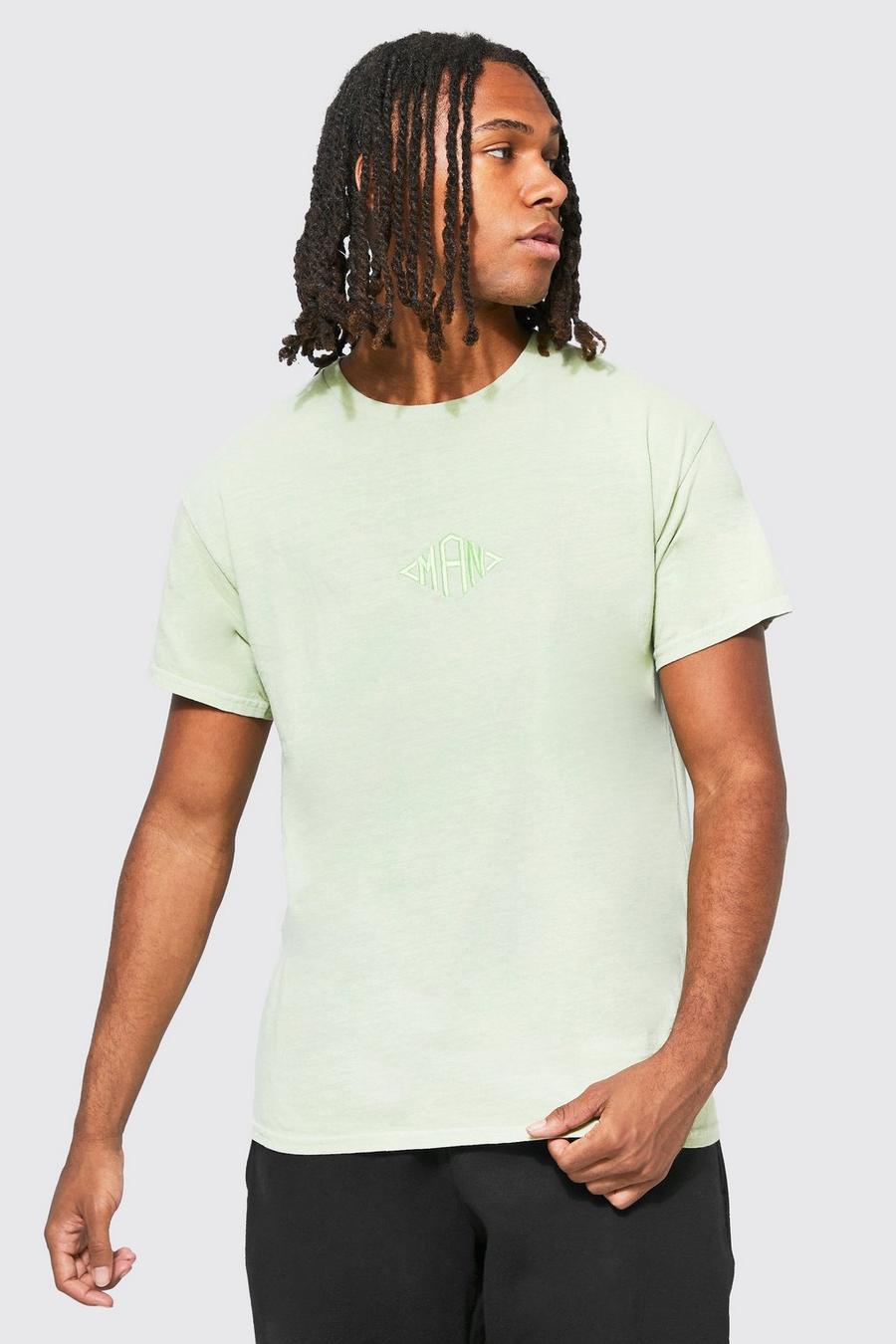 Lime Gebleekt Geborduurd T-Shirt Met Logo image number 1