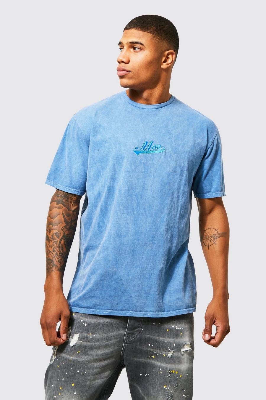 Blue Gebleekt Geborduurd T-Shirt Met Logo image number 1