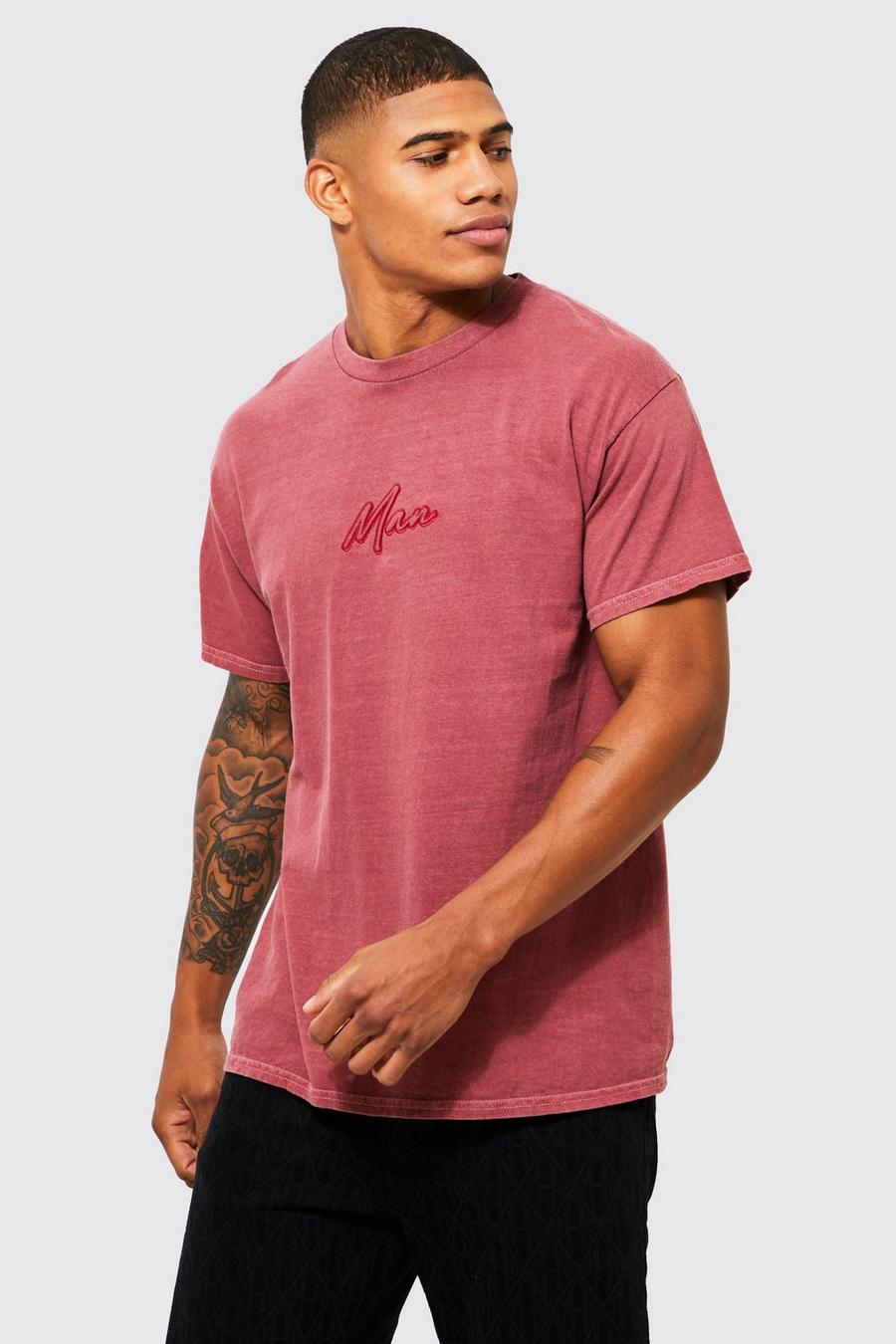 Burgundy red Washed Embroidered Branded T-shirt image number 1