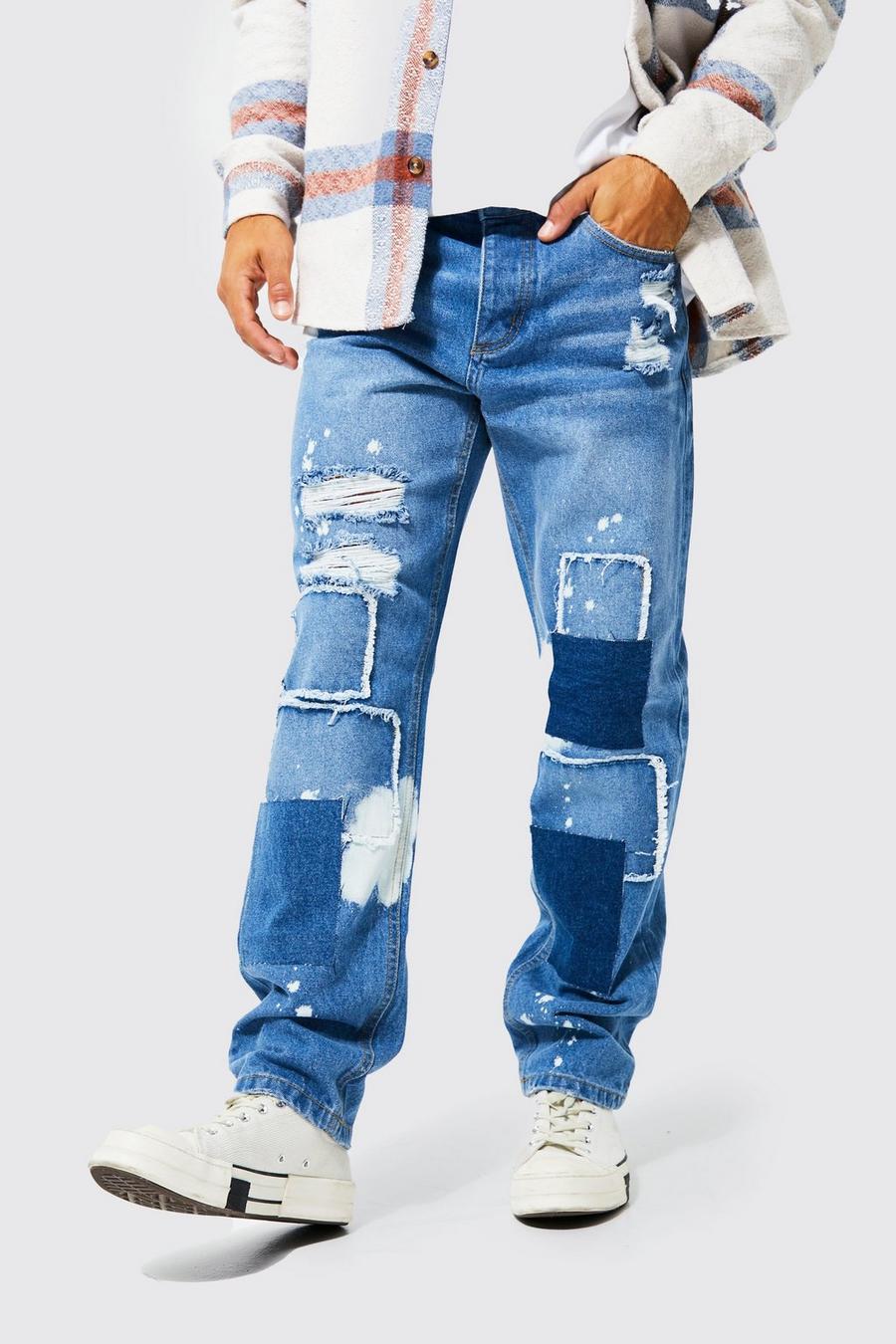Mid blue Straight Leg Patchwork Bleached Jeans image number 1