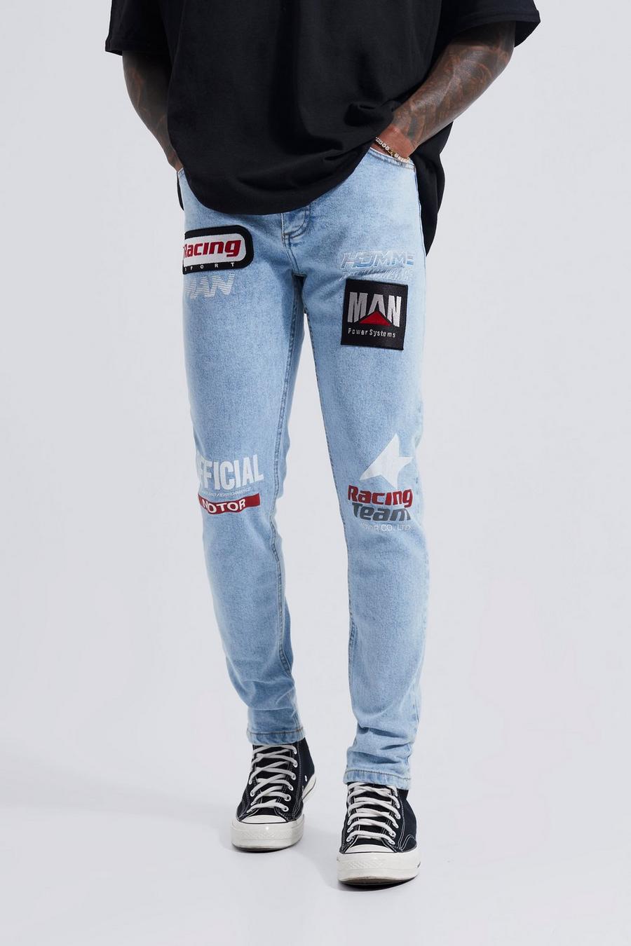 Jeans Skinny Fit Stretch con stemmi di motocross, Ice blue