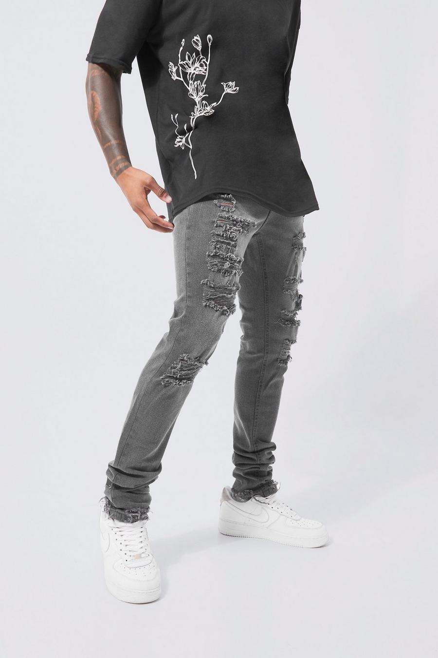 Mid grey Skinny Stretch Stacked Jeans With Rips image number 1