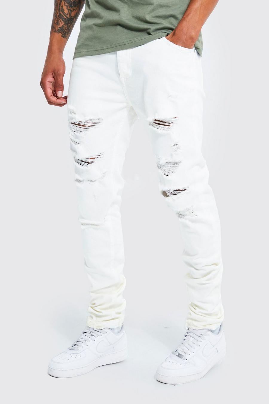 White Skinny Stretch Stacked Jeans With Rips image number 1