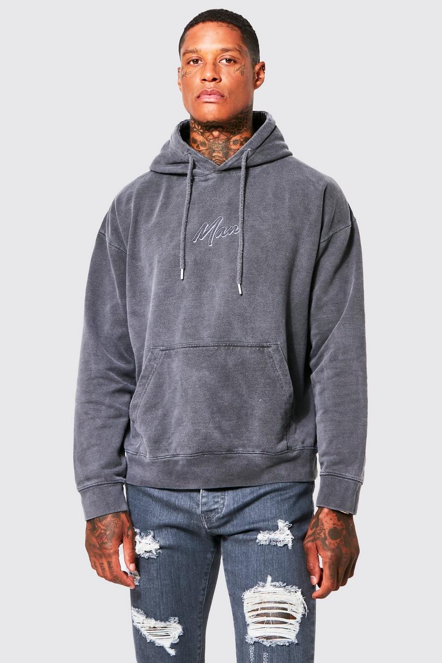 Charcoal grey Oversized Man Script Washed  Hoodie