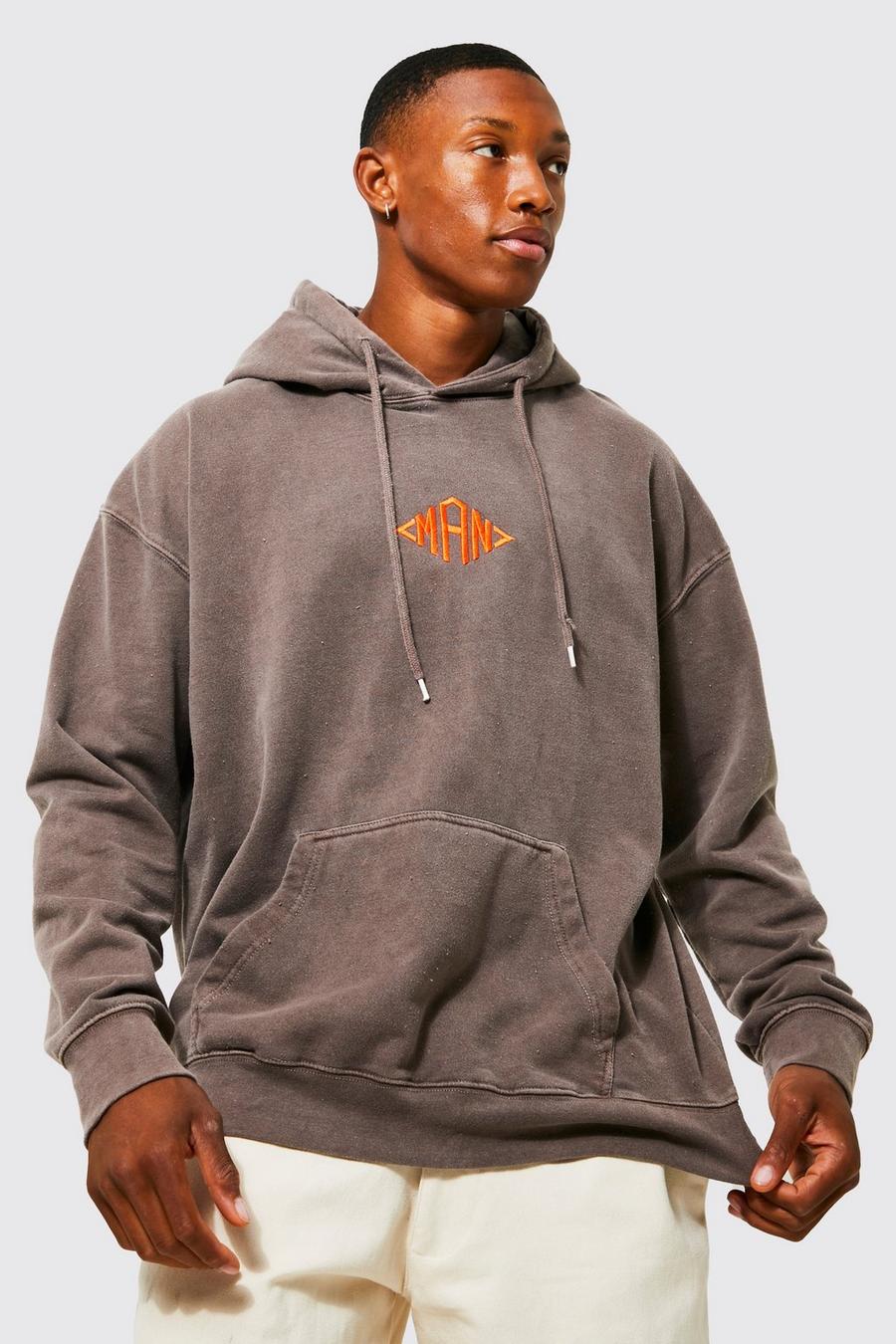 Coffee Oversized Washed Man Diamond Washed Hoodie image number 1