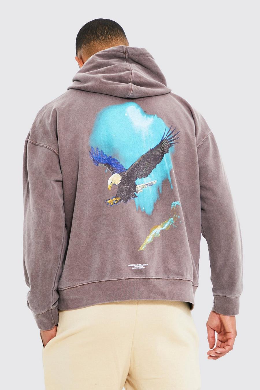 Chocolate brown Oversized Washed Eagle Graphic Hoodie