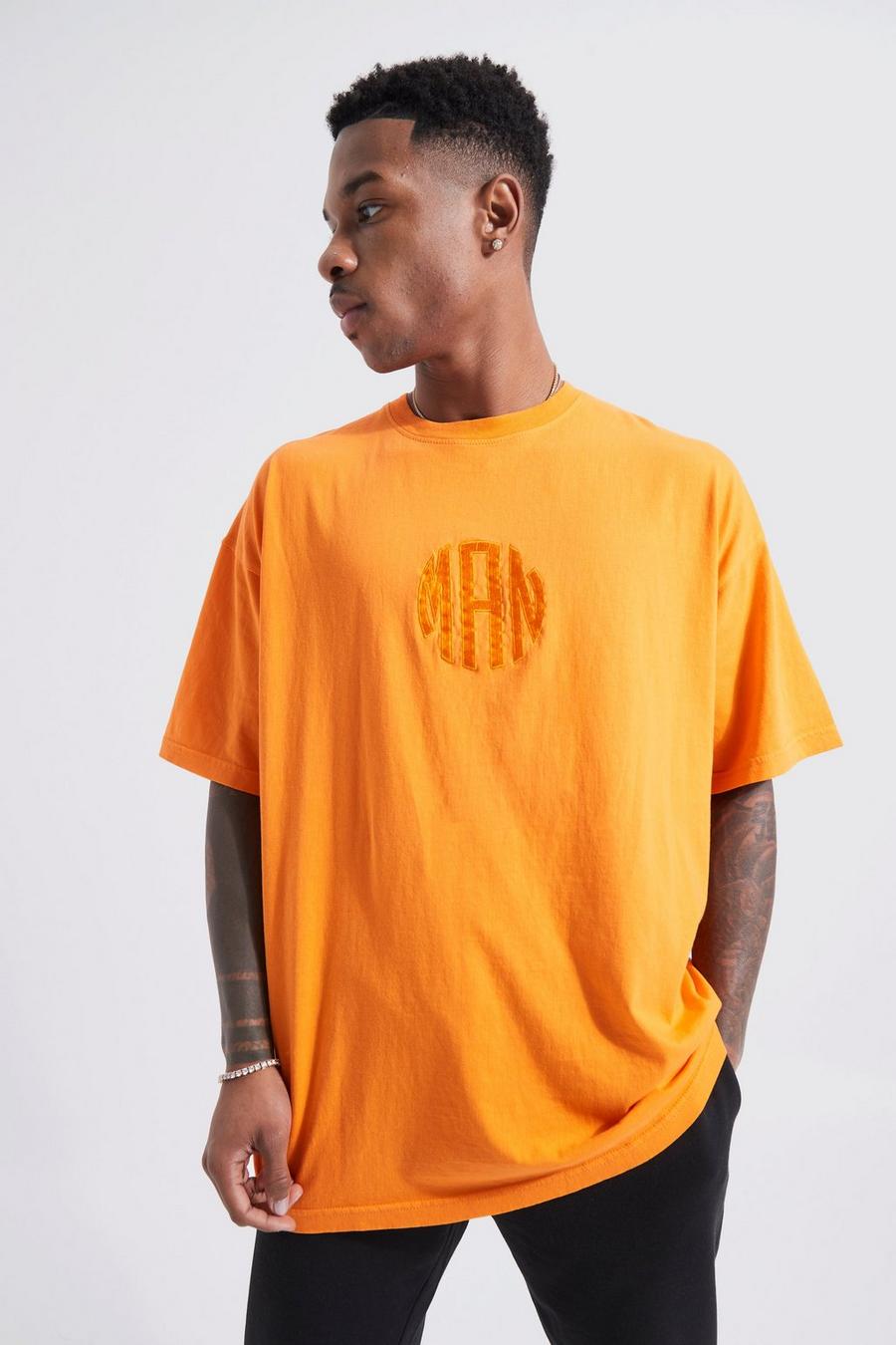 Orange Washed Oversized Embroidered Man Back T-shirt image number 1