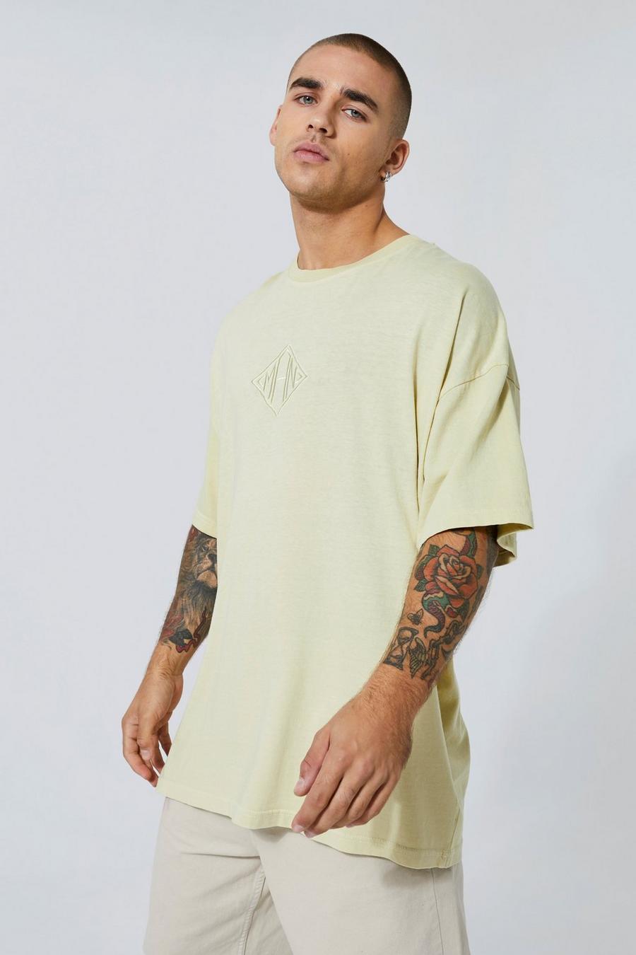 Lime Washed Oversized Embroidered Man Back T-shirt image number 1