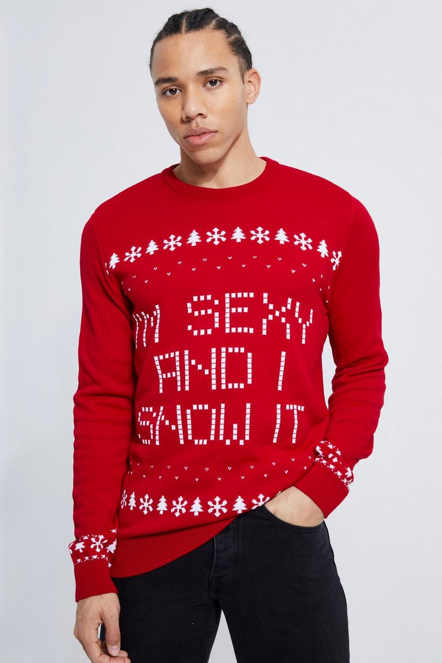 אדום סוודר לחג המולד עם כיתוב I'm Sexy And I Snow It, לגברים גבוהים image number 1