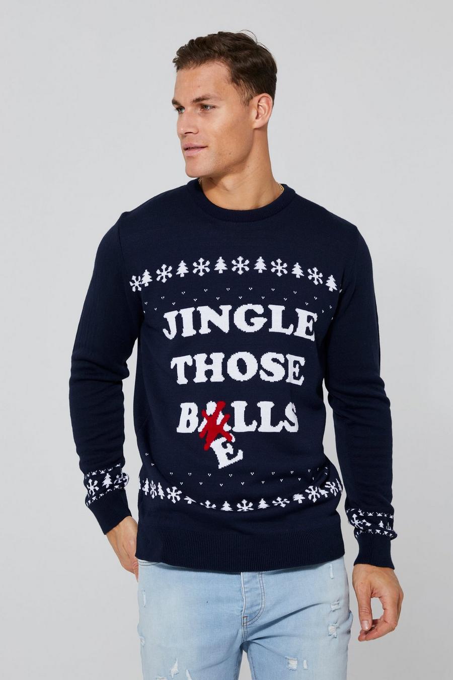 Navy Tall Jingle Those Bells Christmas Jumper image number 1