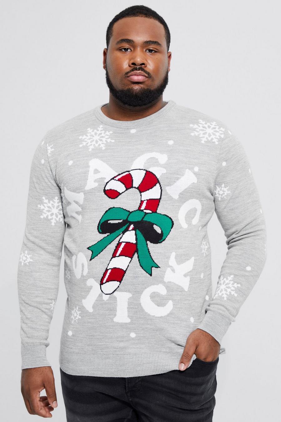 Pullover natalizio Plus Size con slogan Magic Stick, Grey image number 1