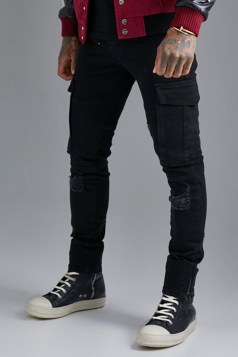 Black Skinny Stretch Cargo Jeans With Zip Cuff image number 1