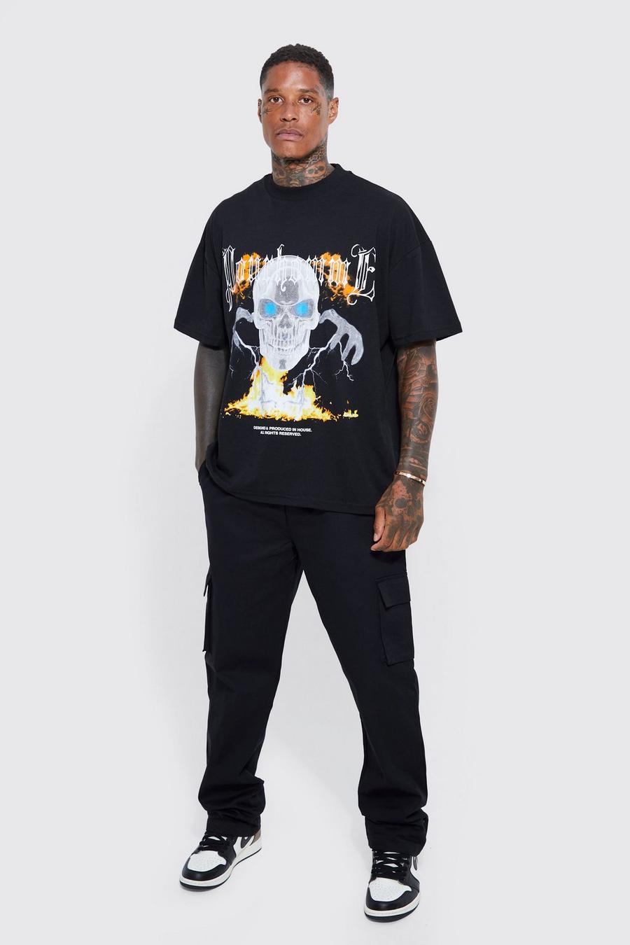 Black negro Oversized Heavyweight Graphic T-shirt & Cargo Set