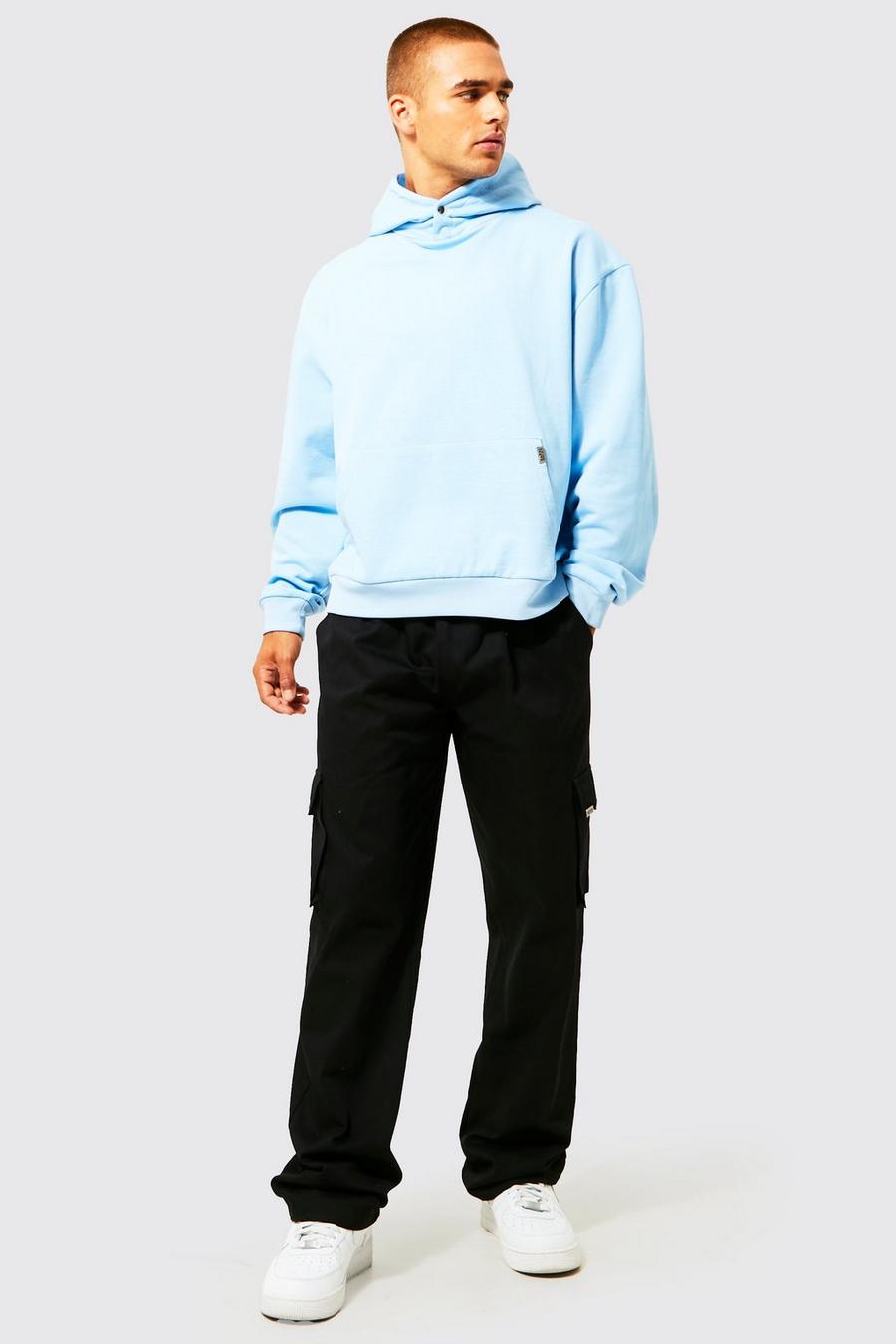 Conjunto de pantalón cargo y sudadera recta oversize con capucha, Light blue image number 1
