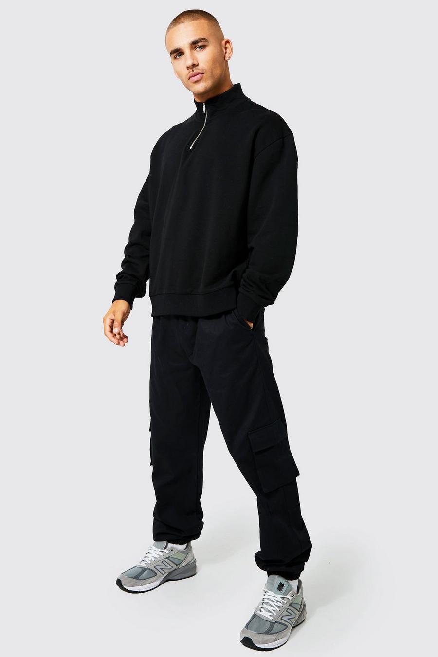 Kastiges Sweatshirt mit Trichterkragen und Cargohose, Black image number 1