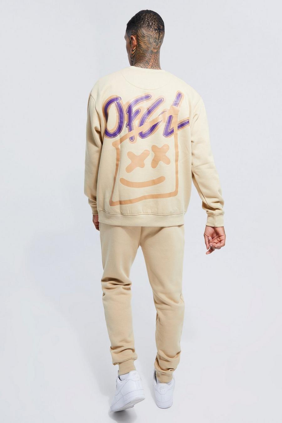 חול beige חליפת טרנינג סווטשירט אוברסייז עם גרפיטי וכיתוב Ofcl image number 1