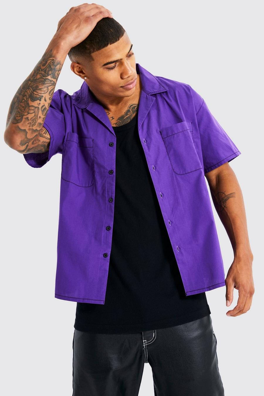Purple Short Sleeve Boxy Contrast Stitch Shirt