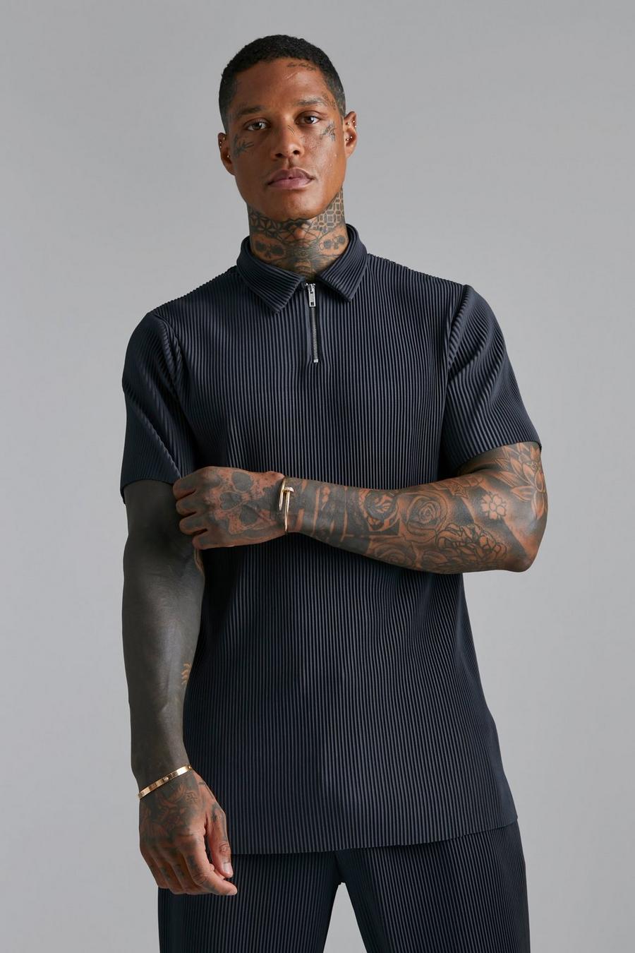 Charcoal Slim Fit Pleated Zip Polo image number 1