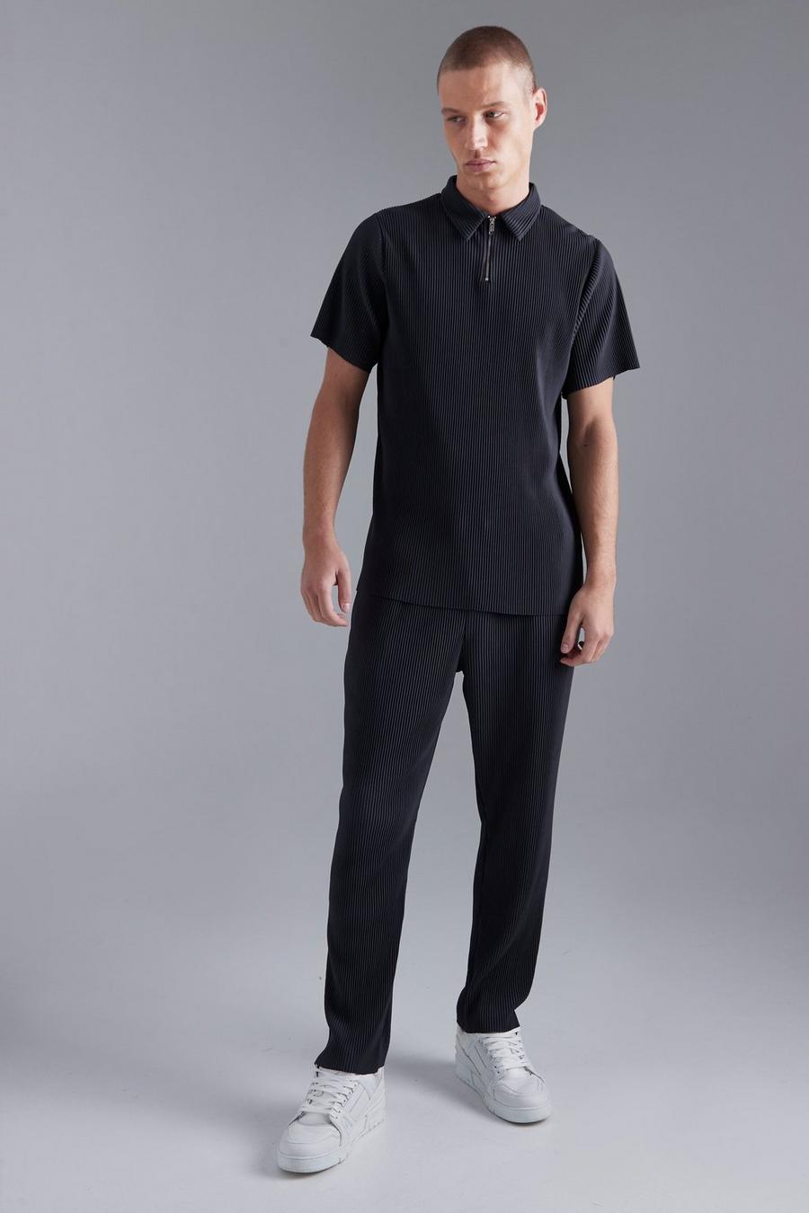 Charcoal Slim Polo And Tapered Jogger Pleated Set image number 1