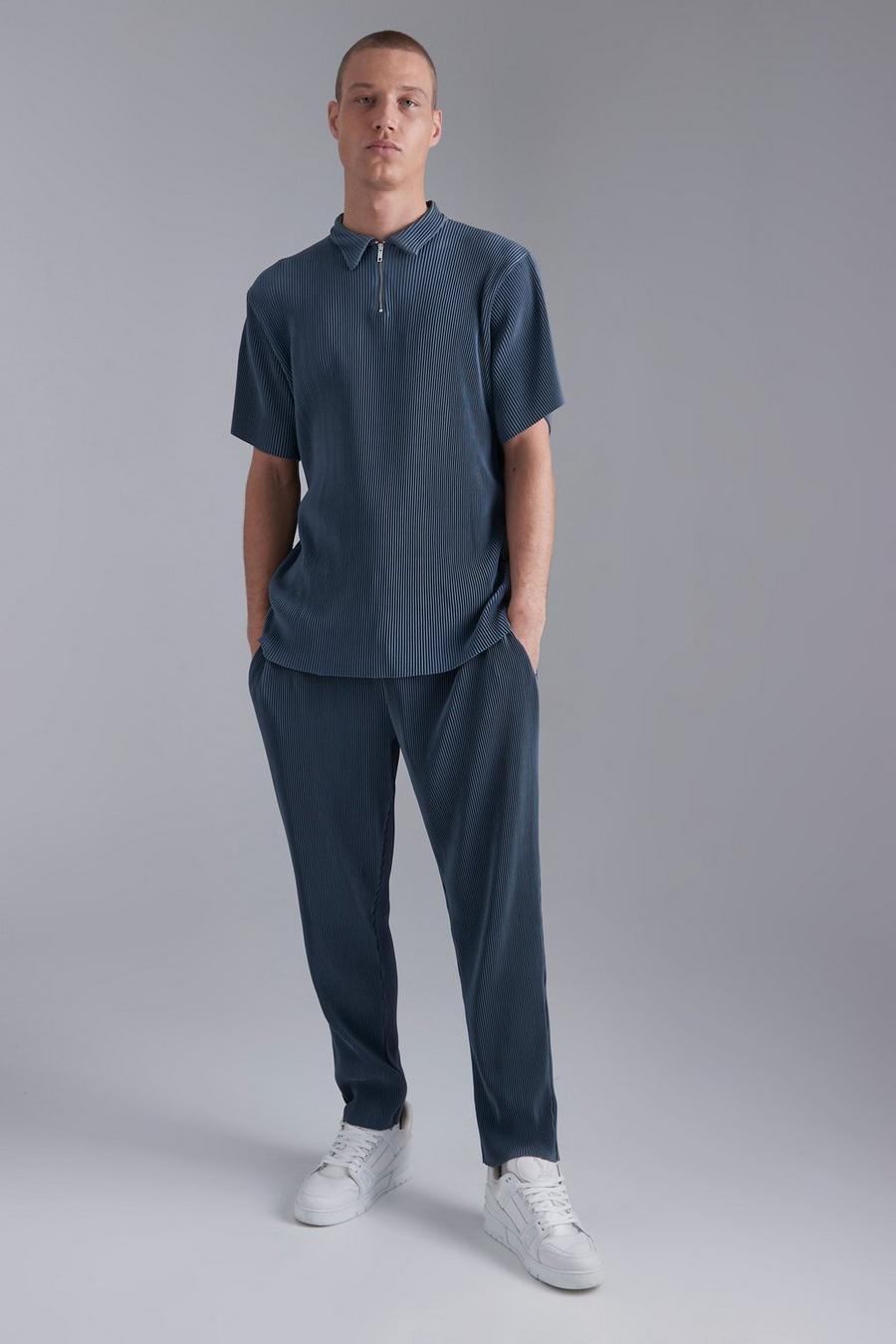 Slate blue Slim Polo And Tapered Jogger Pleated Set image number 1