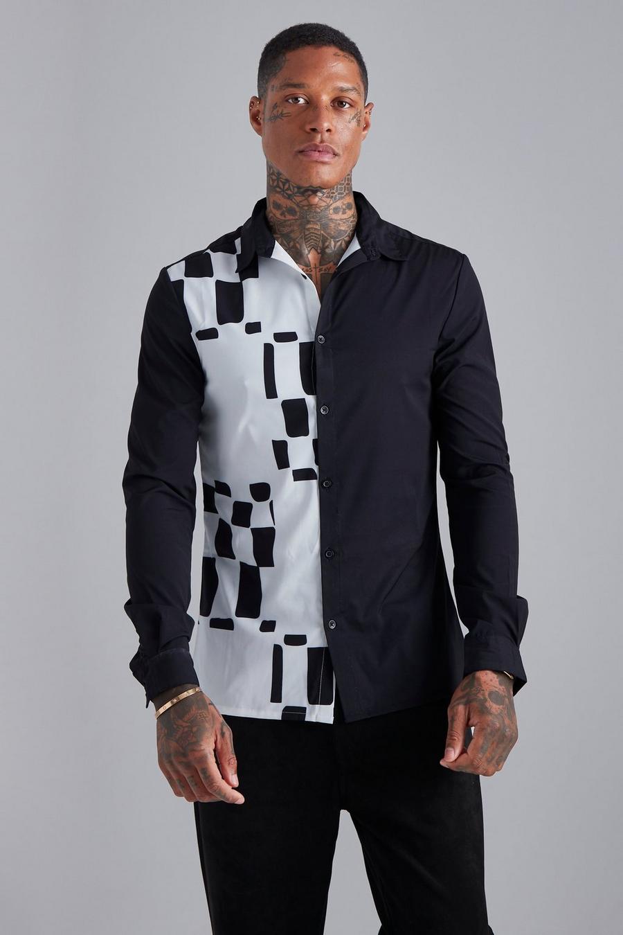 Black Long Sleeve Muscle Spliced Shirt  image number 1