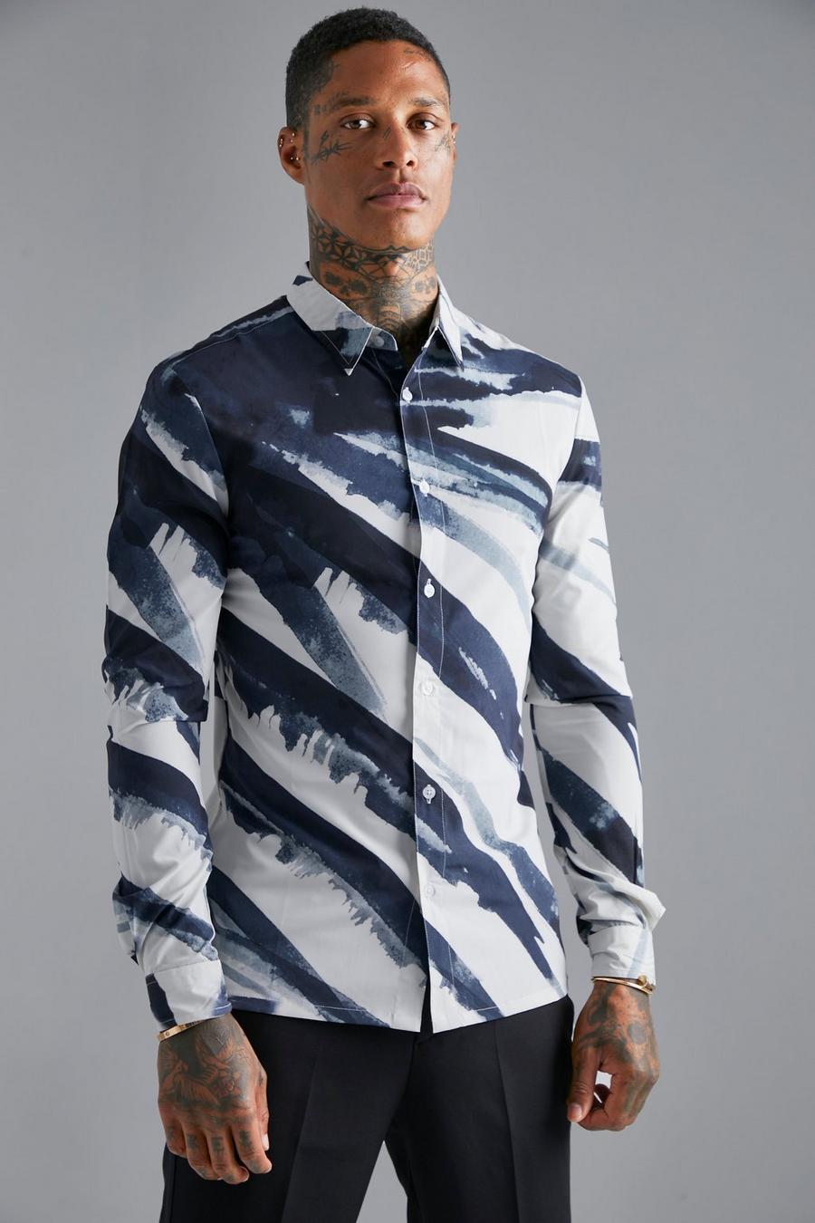Ecru Long Sleeve Abstract Muscle Shirt  image number 1