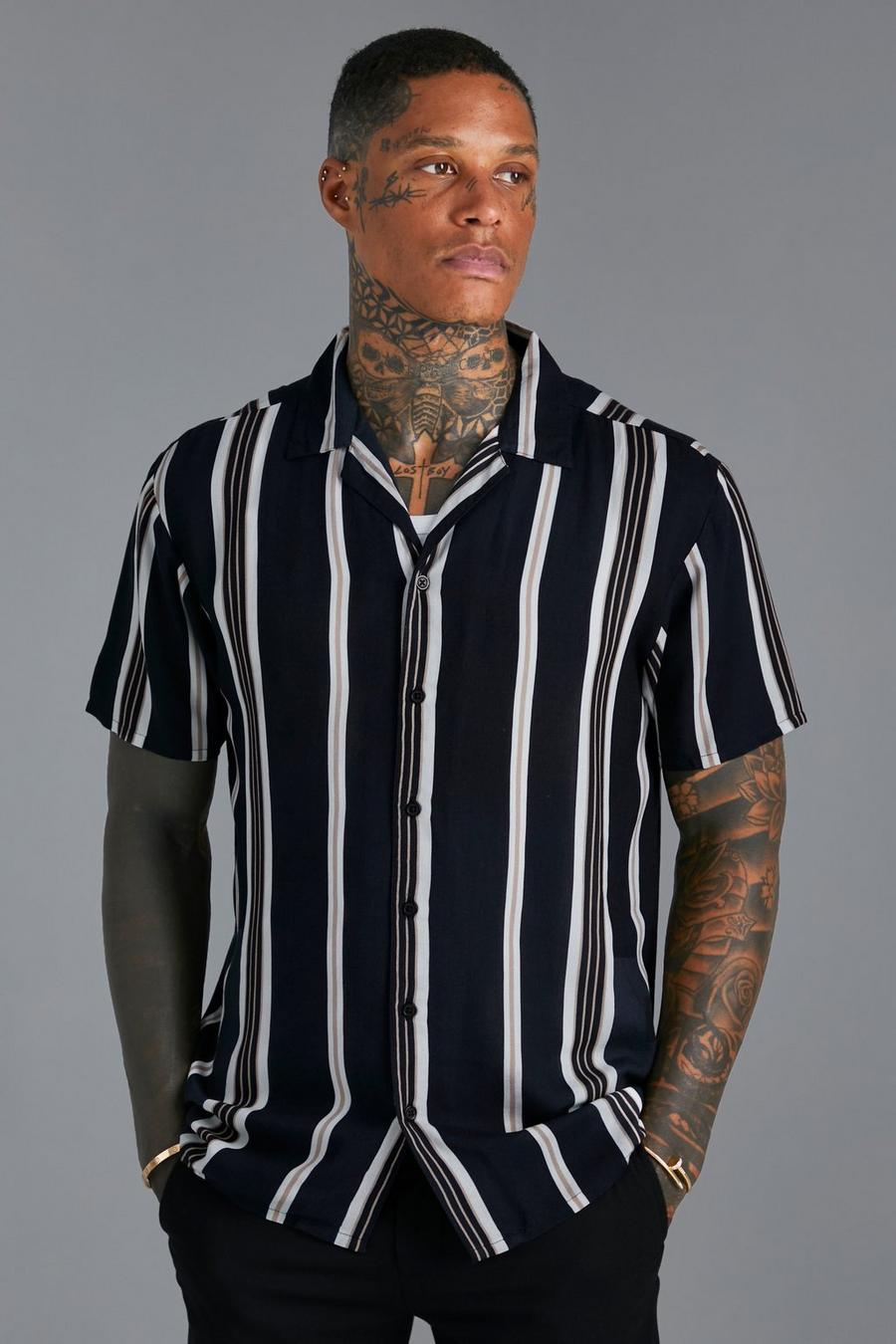 Black Short Sleeve Stripe Viscose Shirt 