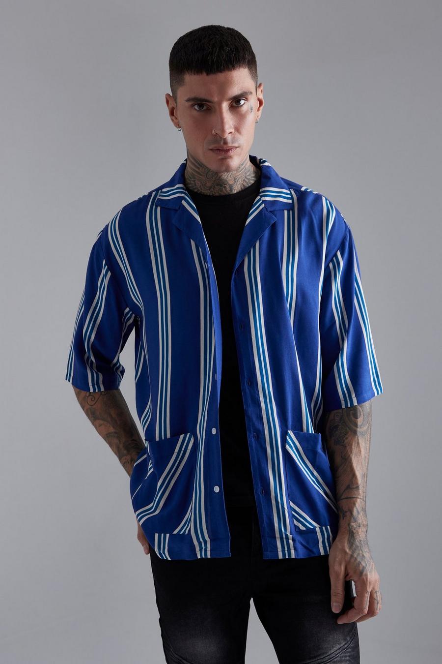 Camicia a 3/4 oversize in viscosa a righe, Marine blue image number 1