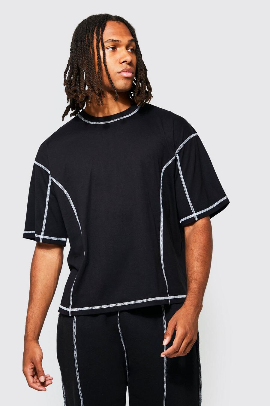 Black Oversized Boxy Contrast Stitch T-shirt image number 1