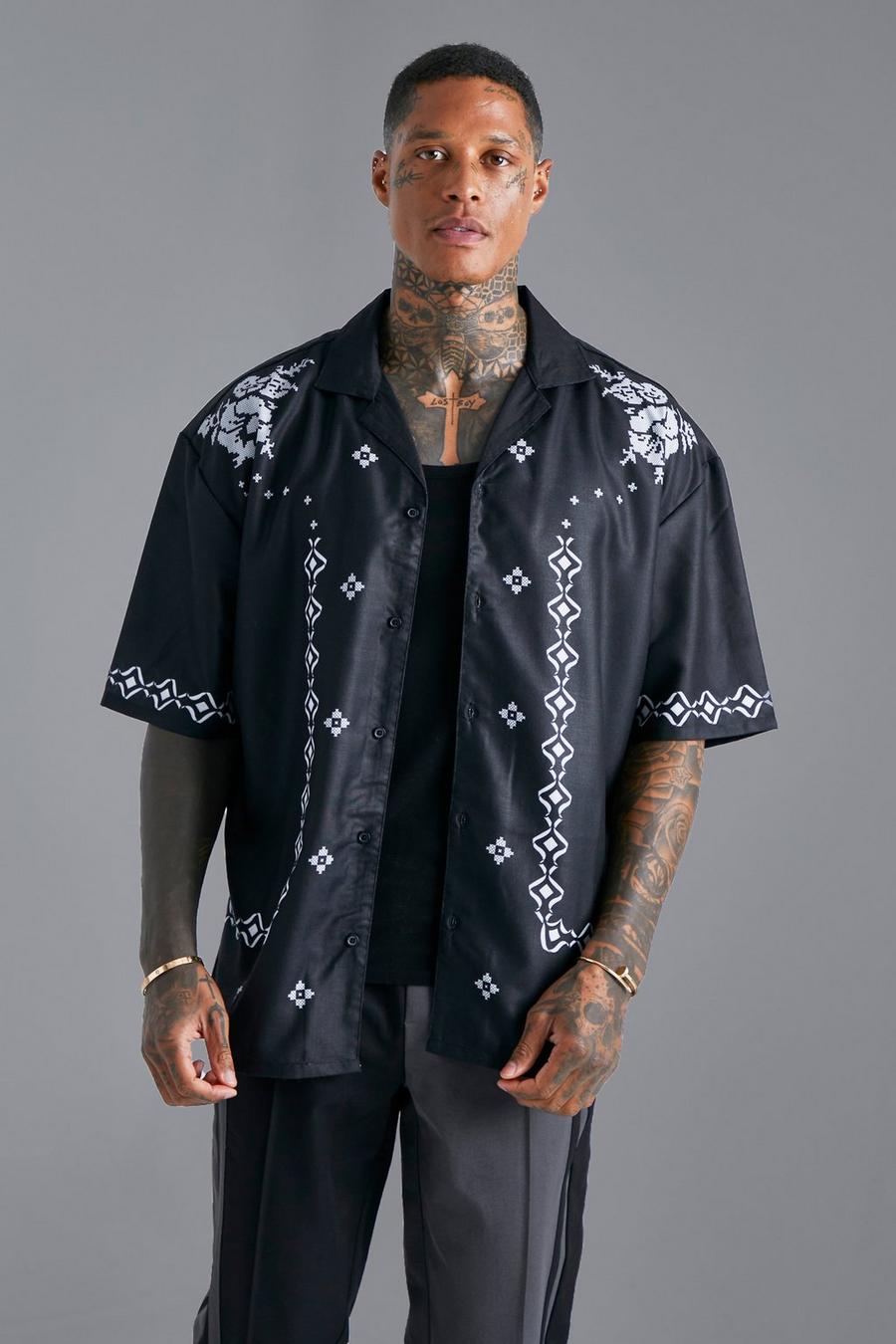 Black Short Sleeve Oversized Boxy Slub Floral Shirt  image number 1