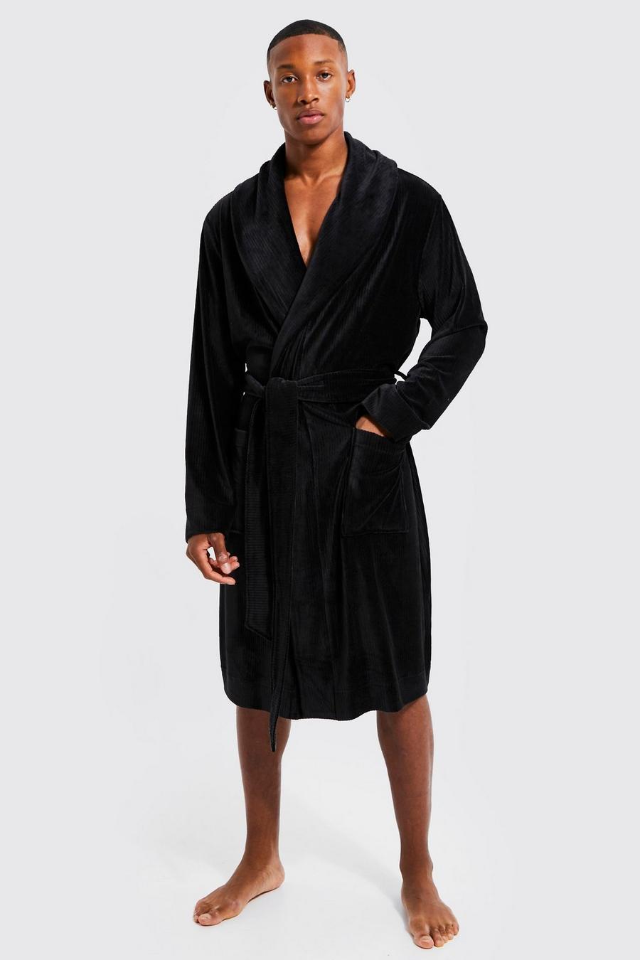 Vestaglia in fleece morbida a righe con colletto stile scialle, Black nero