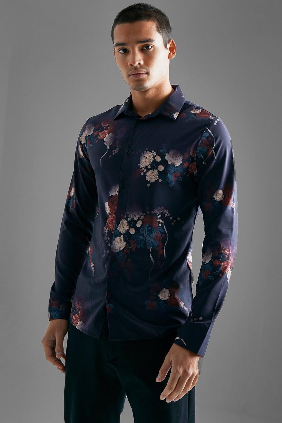 Purple Long Sleeve Muscle Floral Shirt  image number 1
