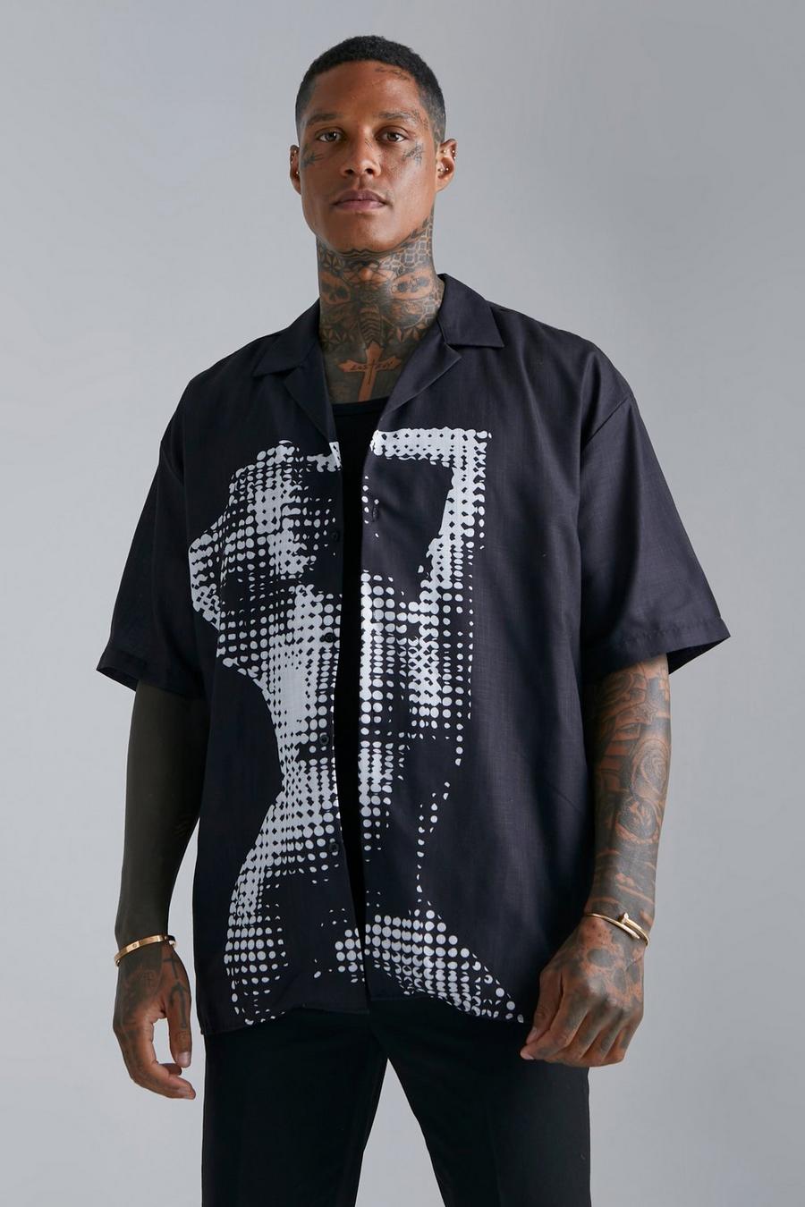 Black Short Sleeve Oversized Boxy Graphic Slub Shirt  image number 1