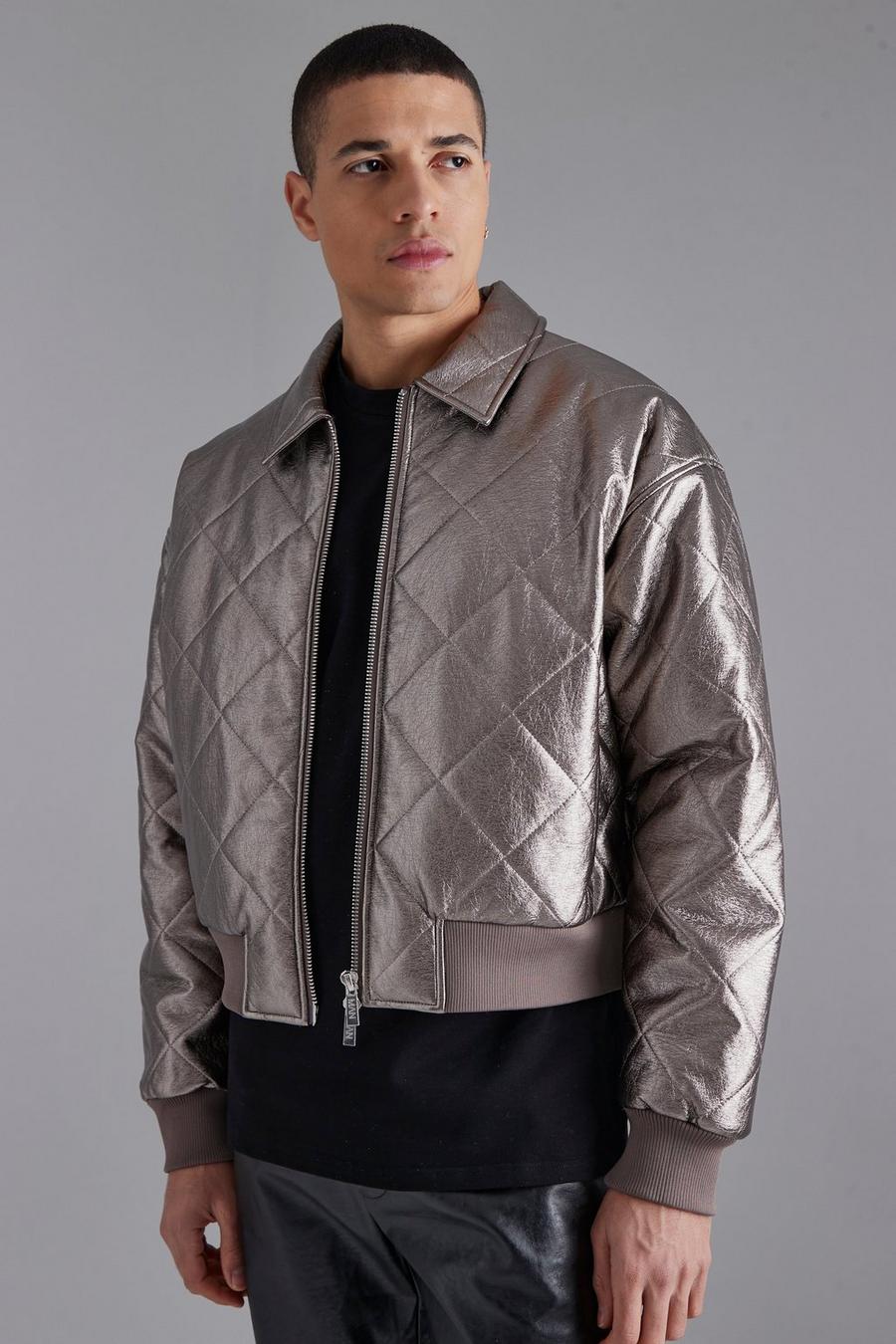 Silver argent Metallic Pu Quilted Boxy Bomber