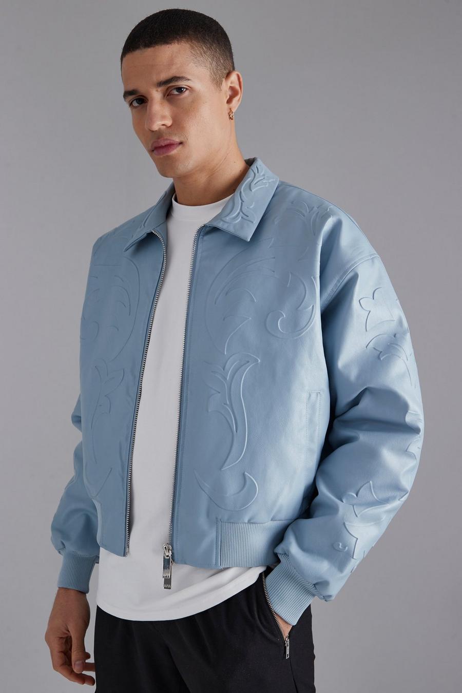 Dusty blue Embossed Pu Baroque Boxy Bomber image number 1