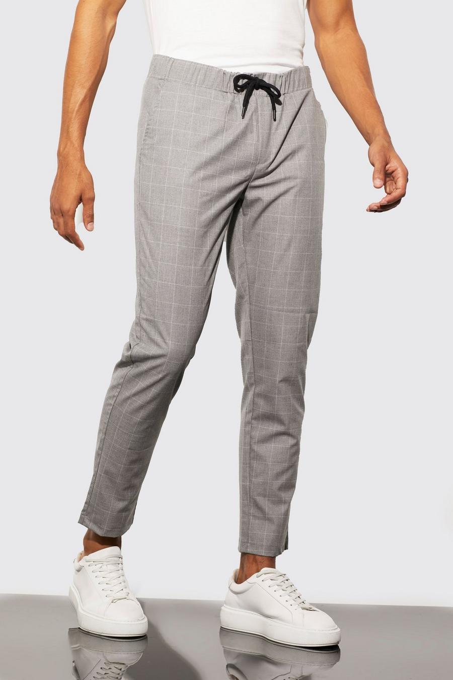 אפור gris מכנסיים משובצים בגזרת סקיני עם רצועת מותניים אלסטית