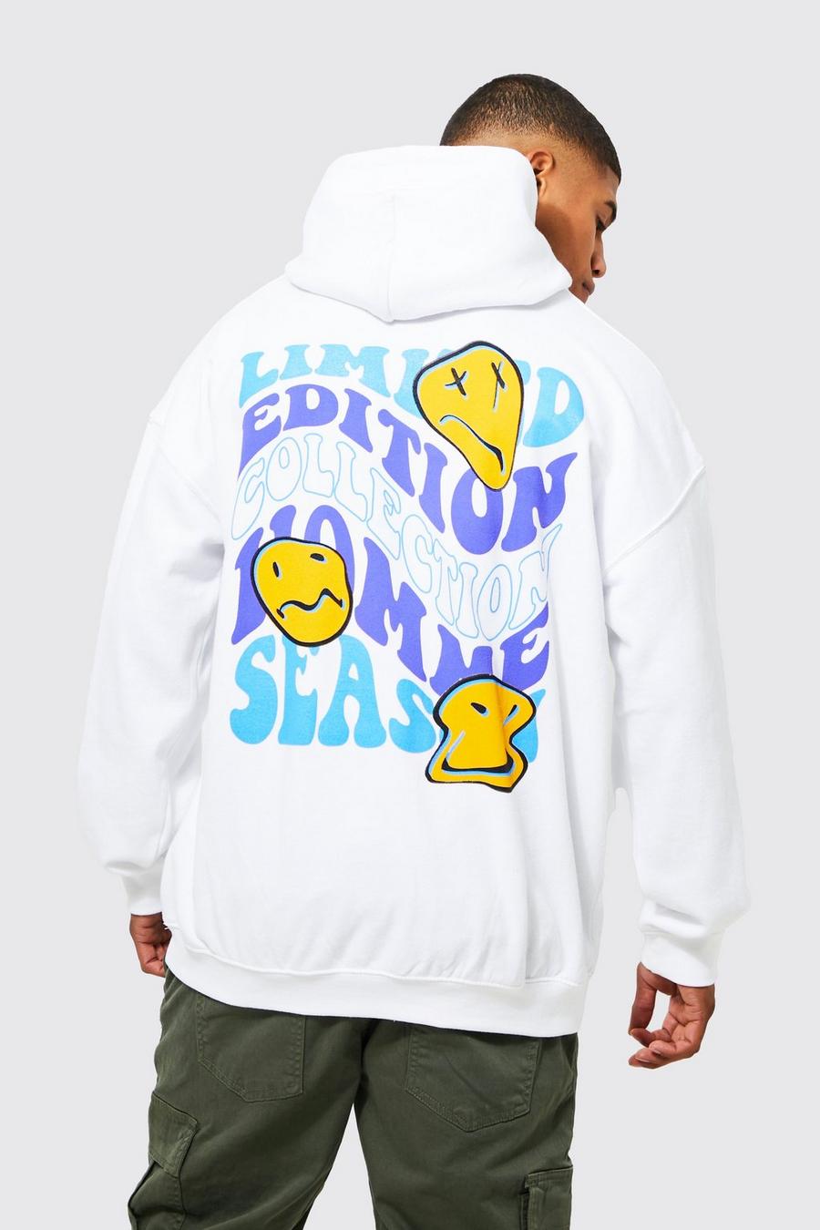 White Oversized Trippy Face Graphic Hoodie image number 1